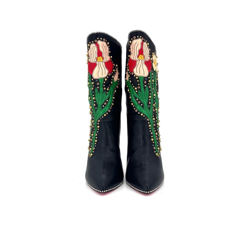 Gucci Intarsia Fosca Floral Black Leather Heeled Boots 40 - Picture 2 of 8